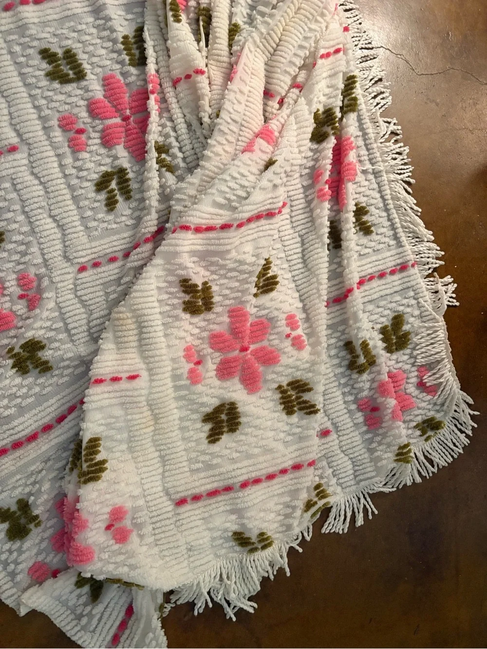 White Chenille Throw Blanket with Pink Floral Pattern